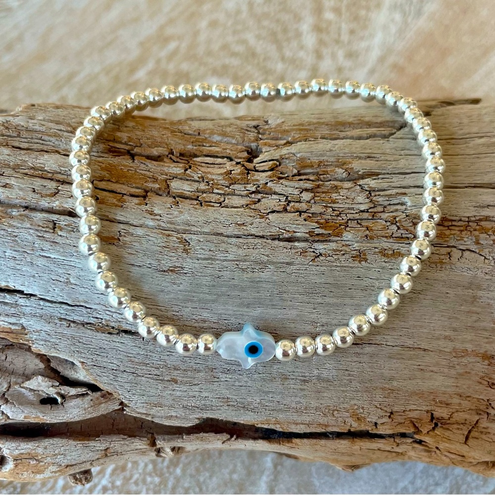 Hamsa-Handmade 14k sterling silver stretch mother of pearl Hamsa bracelet